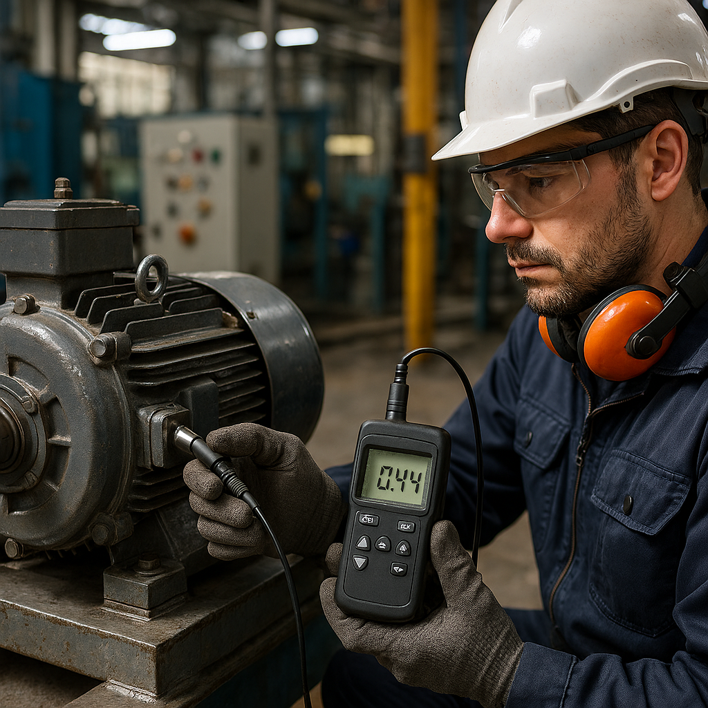 Technician using vibration sensor on motor