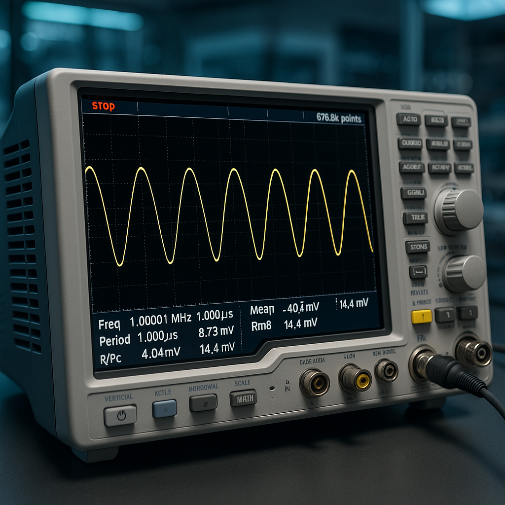 Continuous waveform capture, showcasing detailed and precise waveform data on a modern digital oscilloscope in a high-tech laboratory setting