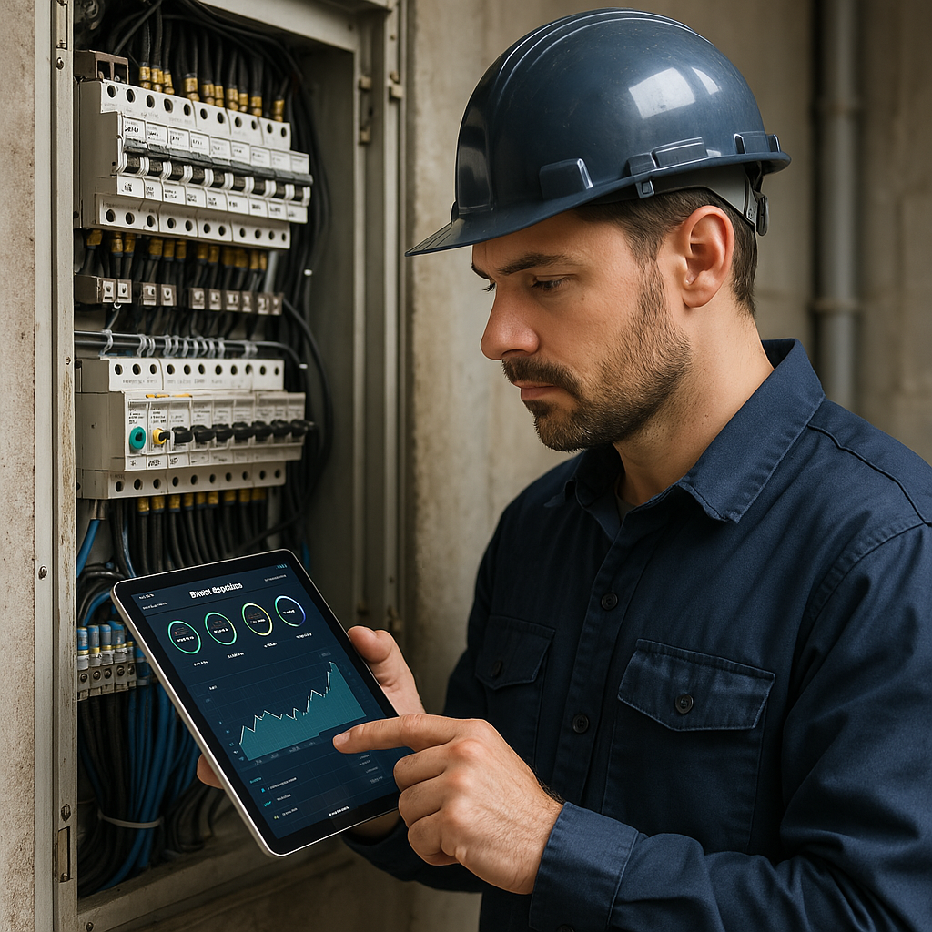 A modern technician with a tablet inspecting an electrical panel, reviewing remote monitoring data in a real-world setting