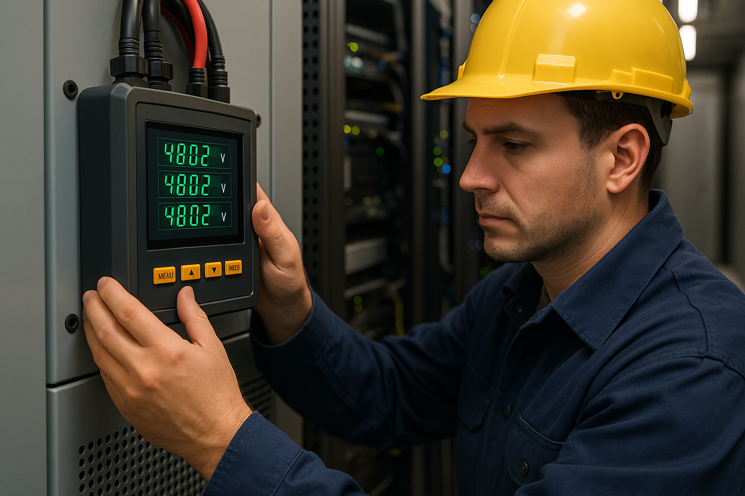 Technician installing a power quality meter for data centers